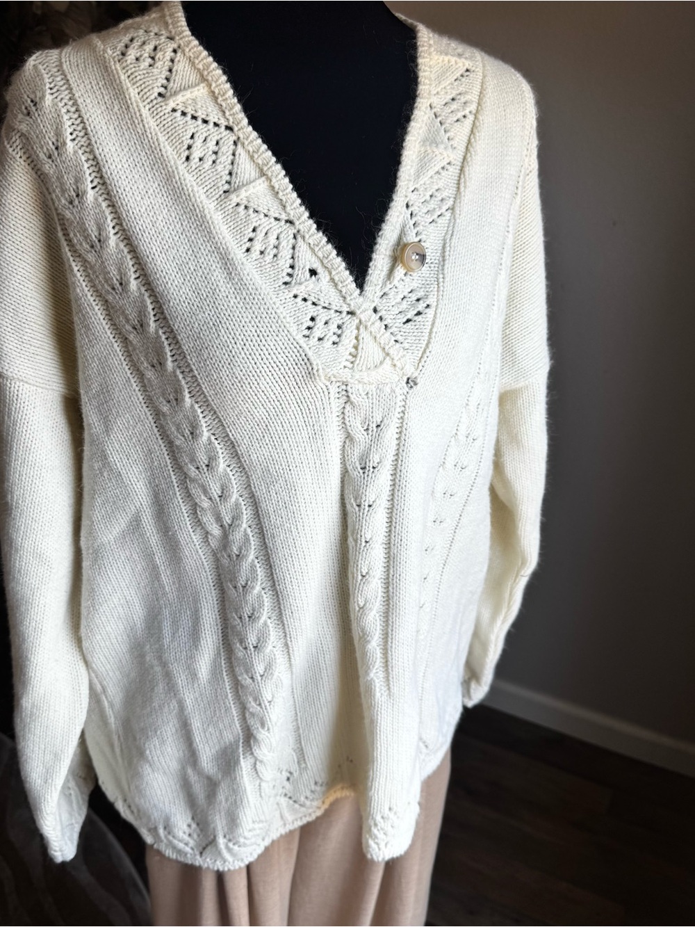 Vintage Cream Cable V-Neck Sweater with Button Detail